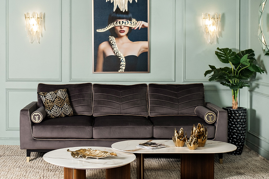 Темный диван в светлой гостиной